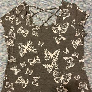 Gray shirt with white butterflies.